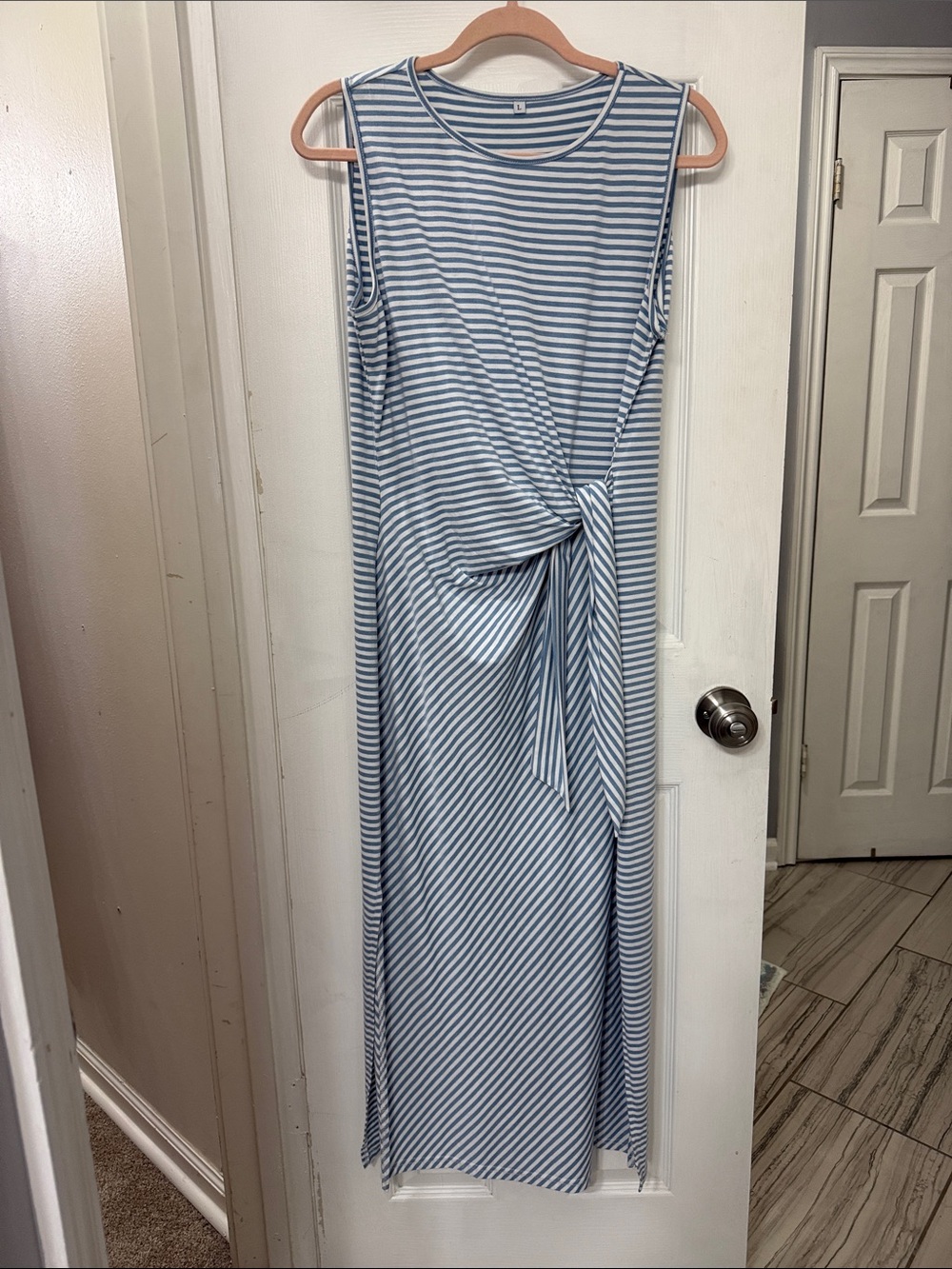 Striped Sleeveless Knot-Front Maxi Dress in Blue & White